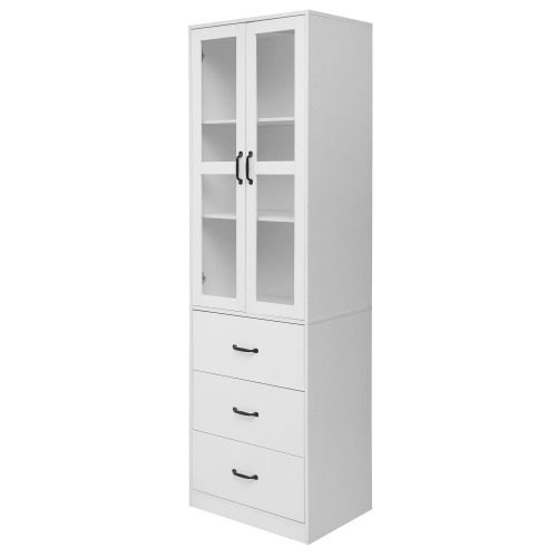 Vitrine Blanche 200 Cm Avec Tiroirs, Étagères Ajustables, Portes Vitrées, LED