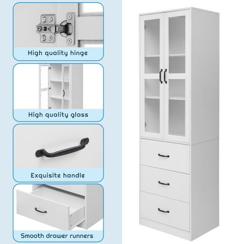 Vitrine Blanche 200 Cm Avec Tiroirs, Étagères Ajustables, Portes Vitrées, LED