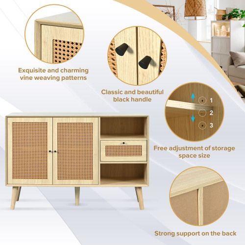 Buffet Avec 1 Tiroir Et 2 Portes Magnétiques, Chêne, 120x40x80 Cm