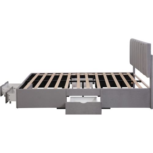 Lit Rembourré En Velours 160 X 200 Cm, Avec Sommier à Lattes, Dossier Inclinable Et 4 Tiroirs