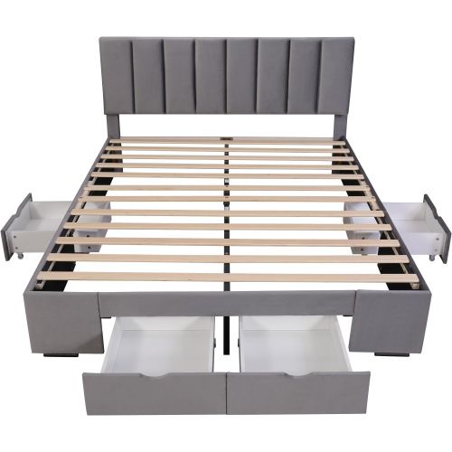 Lit Rembourré En Velours 160 X 200 Cm, Avec Sommier à Lattes, Dossier Inclinable Et 4 Tiroirs