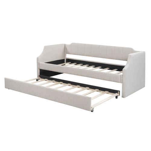 Lit De Jour 90x200(190) Cm En Lin Beige Avec Lit Gigogne