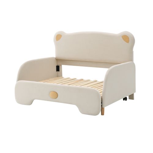 Lit double en forme d'ours avec lit gigogne, velours beige 140x200 Cm