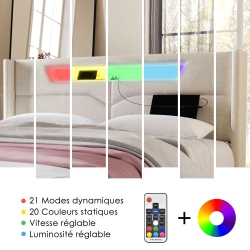Lit Double 140x200 Cm Avec Fonction De Charge USB De Type C Et Éclairage LED - Beige