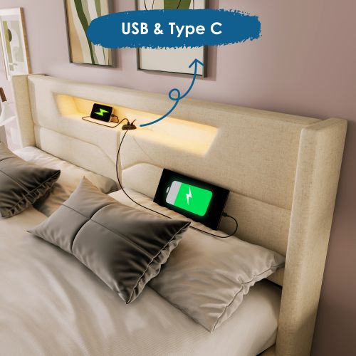 Lit Double 140x200 Cm Avec Fonction De Charge USB De Type C Et Éclairage LED - Beige