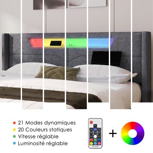 Lit Double Avec Chargement USB De Type C Et Éclairage LED, 160x200 Cm