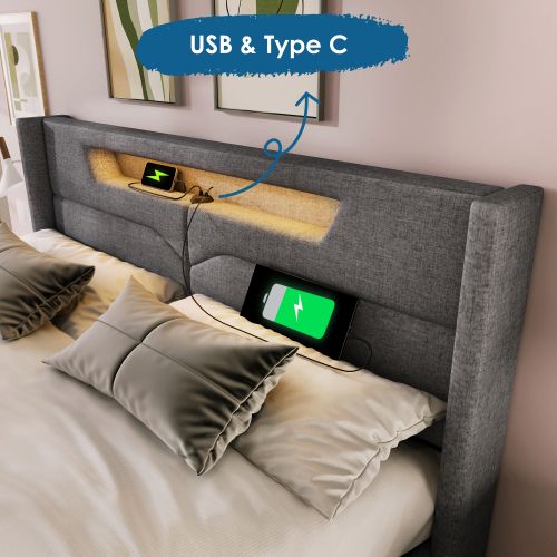Lit Double Avec Chargement USB De Type C Et Éclairage LED, 160x200 Cm