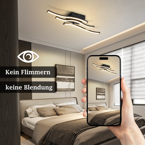 Plafonnier LED Design Vague Noir - 18w 3000k Blanc Chaud - Lampe Moderne Pour Cuisine Couloir