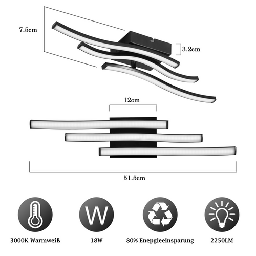 Plafonnier LED Design Vague Noir - 18w 3000k Blanc Chaud - Lampe Moderne Pour Cuisine Couloir