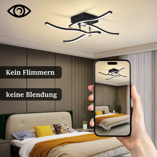 Plafonnier LED Design Vague Noir - 24w 3000k Blanc Chaud - Lampe Moderne Pour Salon Chambre Cuisine