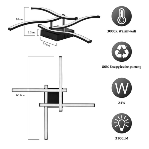 Plafonnier LED Design Vague Noir - 24w 3000k Blanc Chaud - Lampe Moderne Pour Salon Chambre Cuisine