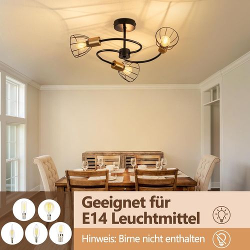 Plafonnier Noir Vintage En Métal, 3 Lumières E14, Style Industriel, Pour Salon, Cuisine, Couloir