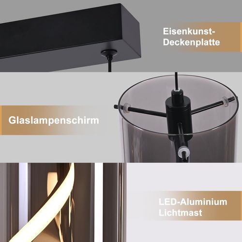 Suspension LED Vintage 3 Lumières - Verre Gris Fumé 23w 3000k, Rétro, Réglable