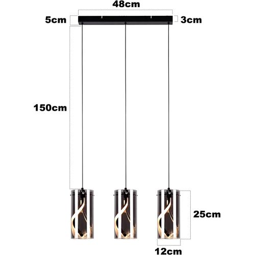 Suspension LED Vintage 3 Lumières - Verre Gris Fumé 23w 3000k, Rétro, Réglable