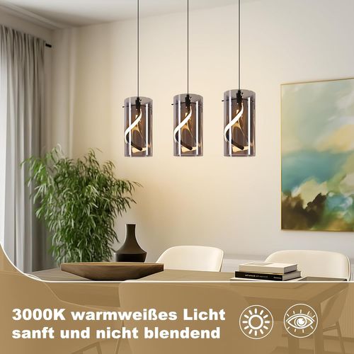 Suspension LED Vintage 3 Lumières - Verre Gris Fumé 23w 3000k, Rétro, Réglable