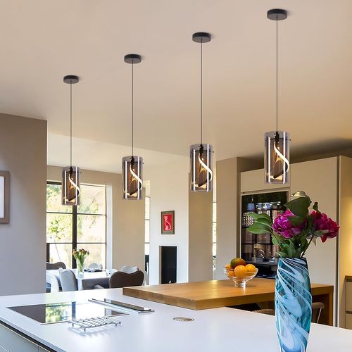 Suspension LED Vintage Verre 1 Lumière 8w Rétro, Gris Fumé, Lumière Blanc Chaud 3000k