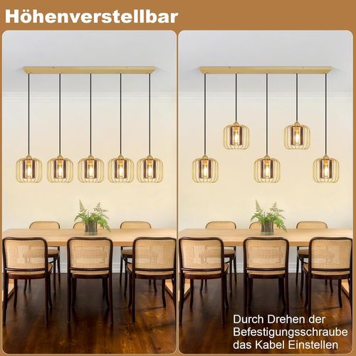 Suspension Vintage 5 Lumières, Lustre Verre Et Métal, Rétro E27 Réglable En Hauteur(sans Ampoules)