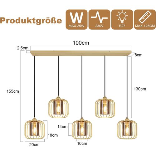 Suspension Vintage 5 Lumières, Lustre Verre Et Métal, Rétro E27 Réglable En Hauteur(sans Ampoules)