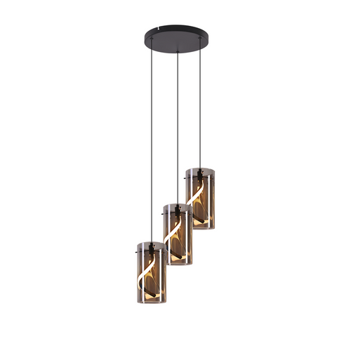 Suspension LED Vintage 3 Lumières - Verre Gris Fumé Rond, 23w 3000k, Rétro, Réglable