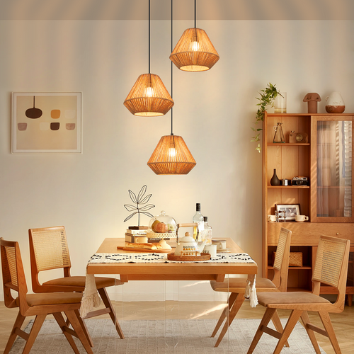 Suspension Boho Rotin Table à Manger - Lampe 3 Lumières E27, Hauteur Réglable, Rétro(sans Ampoule)