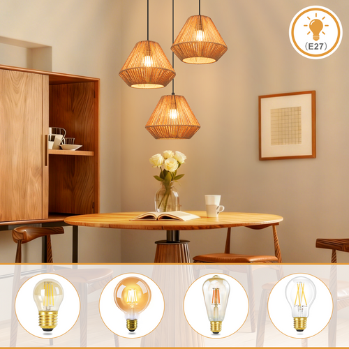 Suspension Boho Rotin Table à Manger - Lampe 3 Lumières E27, Hauteur Réglable, Rétro(sans Ampoule)