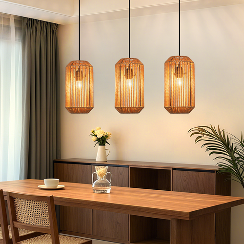 Suspension Boho Rotin Table à Manger - Lampe 3 Lumières E27, Hauteur Réglable, Rétro(sans Ampoule)