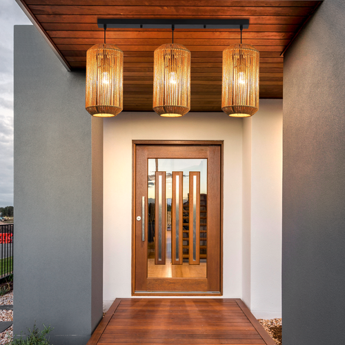 Suspension Boho Rotin Table à Manger - Lampe 3 Lumières E27, Hauteur Réglable, Rétro(sans Ampoule)