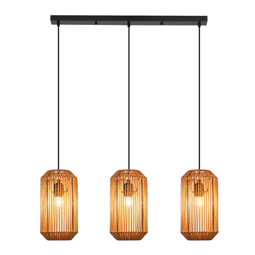 Suspension Boho Rotin Table à Manger - Lampe 3 Lumières E27, Hauteur Réglable, Rétro(sans Ampoule)