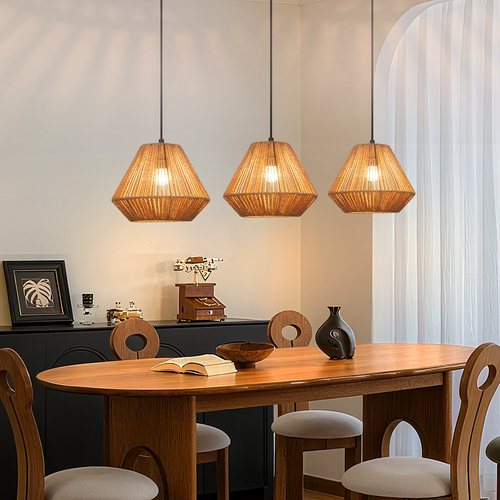 Suspension Boho Rotin Table à Manger - Lampe 3 Lumières E27, Hauteur Réglable, (sans Ampoule)