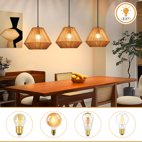 Suspension Boho Rotin Table à Manger - Lampe 3 Lumières E27, Hauteur Réglable, (sans Ampoule)