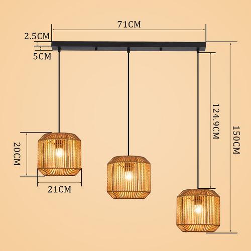 Suspension Boho Rotin Table à Manger - Lampe 3 Lumières E27, Hauteur Réglable, Rétro(sans Ampoule)