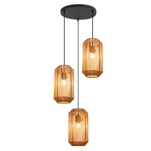 Suspension Boho Rotin Table à Manger - Lampe 3 Lumières E27, Hauteur Réglable, Rétro(sans Ampoule)