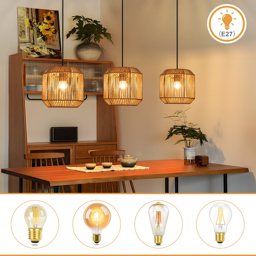 Suspension Boho Rotin Table à Manger - Lampe 3 Lumières E27, Hauteur Réglable, Rétro(sans Ampoule)