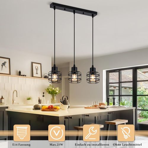 Suspension Vintage 3 Lampes - Lustre Métal Noir E14 Rétro - Hauteur Réglable (sans Ampoule)