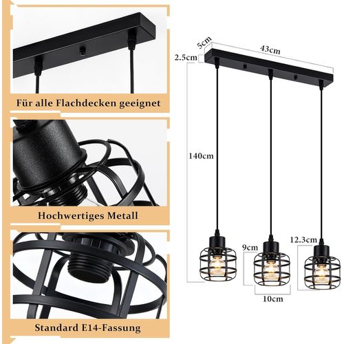 Suspension Vintage 3 Lampes - Lustre Métal Noir E14 Rétro - Hauteur Réglable (sans Ampoule)