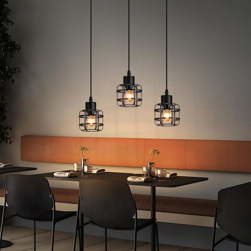 Suspension Vintage 3 Lampes - Lustre Métal Noir E14 Rétro - Hauteur Réglable (sans Ampoule)