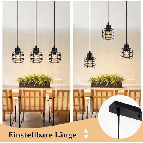 Suspension Vintage 3 Lampes - Lustre Métal Noir E14 Rétro - Hauteur Réglable (sans Ampoule)