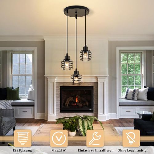 Suspension Vintage 3 Lampes - Lustre Métal Noir E14 Rétro - Hauteur Réglable(sans Ampoule)