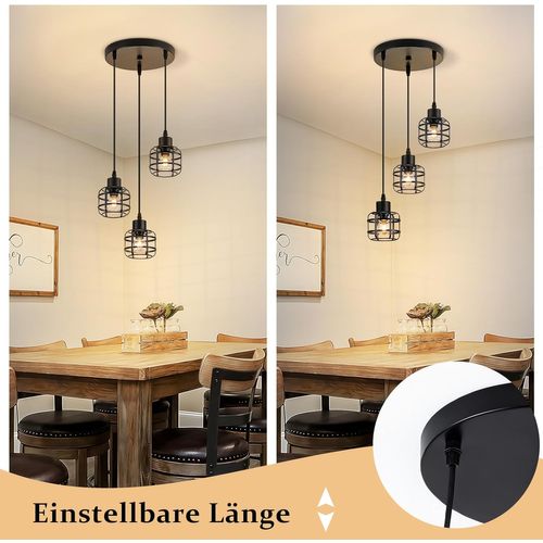 Suspension Vintage 3 Lampes - Lustre Métal Noir E14 Rétro - Hauteur Réglable(sans Ampoule)