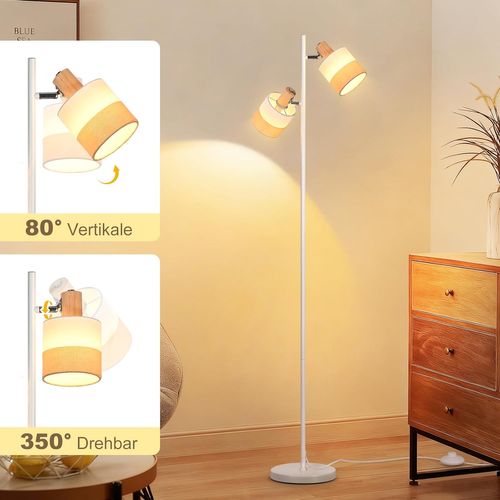 Lampadaire Vintage 2 Ampoules E14, Abat-jour Tissu, Rotatif, Interrupteur à Pied (sans Ampoules)