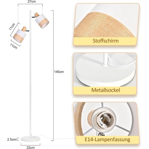 Lampadaire Vintage 2 Ampoules E14, Abat-jour Tissu, Rotatif, Interrupteur à Pied (sans Ampoules)