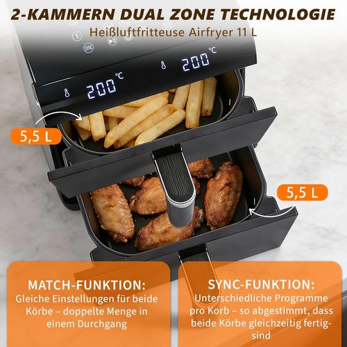 Friteuse à Air 11l 2compartiments, Double Zone, 2800 W, Écran Tactile, Paniers Lavvaisselle