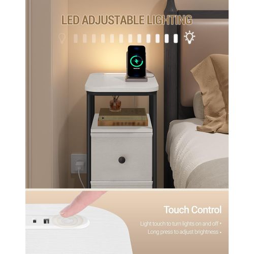 Table De Chevet Lot De 2, Tables D'appoint Avec Éclairage LED, 1 Port USB-a,1 Port USB-c, Blanc-noir
