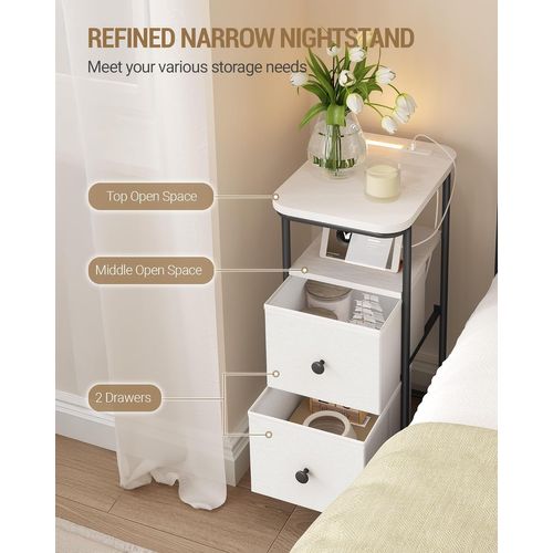 Table De Chevet Lot De 2, Tables D'appoint Avec Éclairage LED, 1 Port USB-a,1 Port USB-c, Blanc-noir