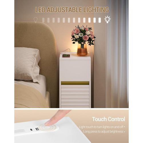 Table De Chevet, Tables D'appoint Avec Éclairage LED, 1 Port USB-a,1 Port USB-c, Blanc-or