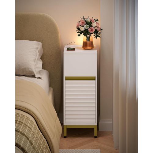 Table De Chevet, Tables D'appoint Avec Éclairage LED, 1 Port USB-a,1 Port USB-c, Blanc-or