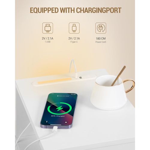 Table De Chevet, Tables D'appoint Avec Éclairage LED, 1 Port USB-a,1 Port USB-c, Blanc-or