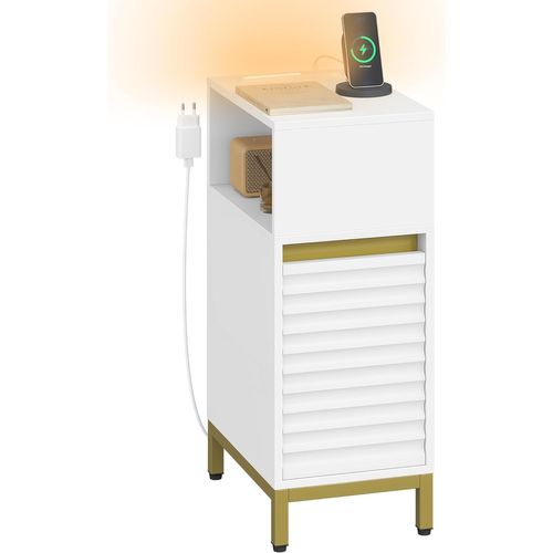 Table De Chevet, Tables D'appoint Avec Éclairage LED, 1 Port USB-a,1 Port USB-c, Blanc-or