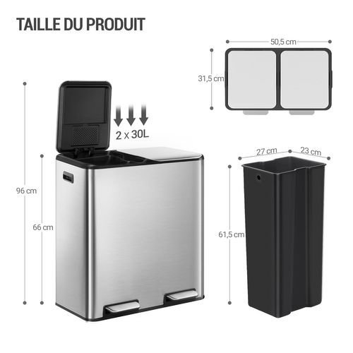 Poubelle Cuisine, 60l (2 X 30 L), Poubelle Tri Selectif 2, Avec 15 Sacs Poubelles, Pour Cuisine