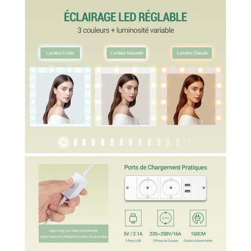 Coiffeuse Avec Eclairage LED, Coiffeuse Avec 2 Grands Tiroirs Avec Rangement Pour Bijoux, 2 Armoires